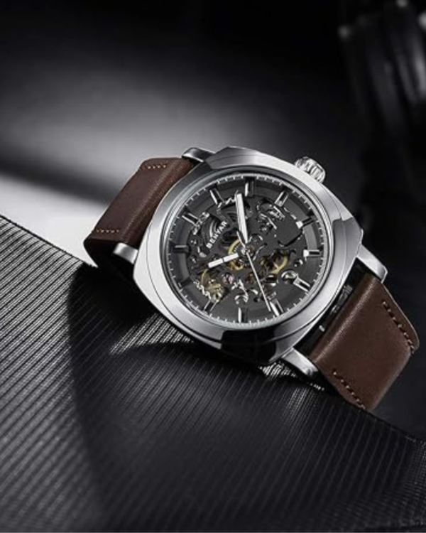 Benyar Automatic Watches for Men | Skeleton Mechanical Leather Strap Mens Watch