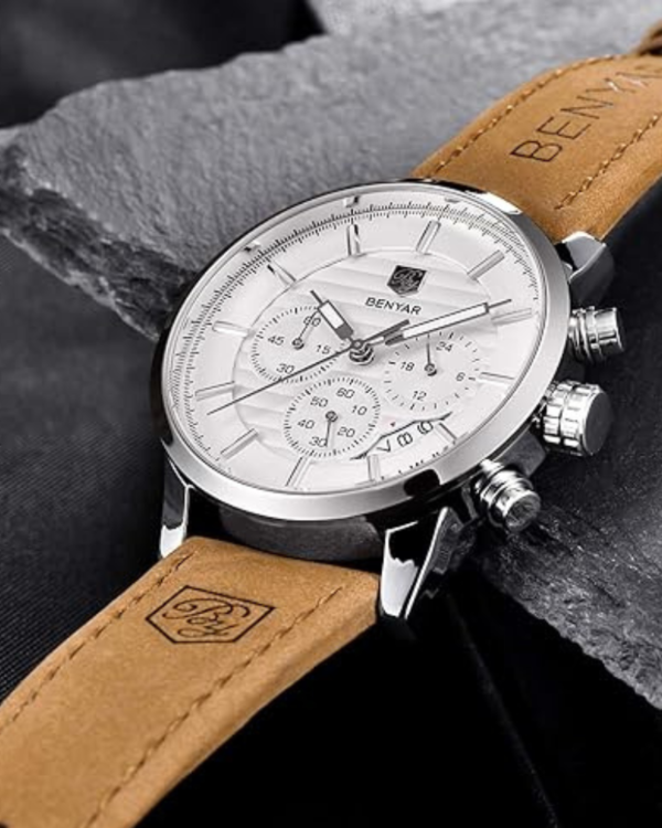 BENYAR Quartz Chronograph Waterproof Watches Business and Sport Design Leather Band Strap Wrist Watch for Men